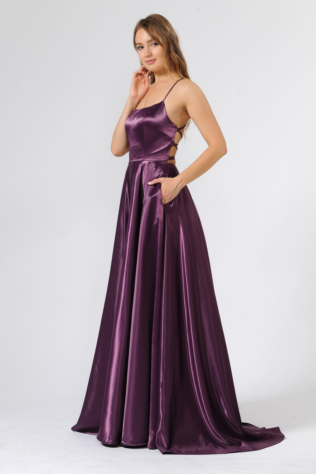 Long Shiny Satin Dress with Open Corset Back by Poly USA 9044-Long Formal Dresses-ABC Fashion