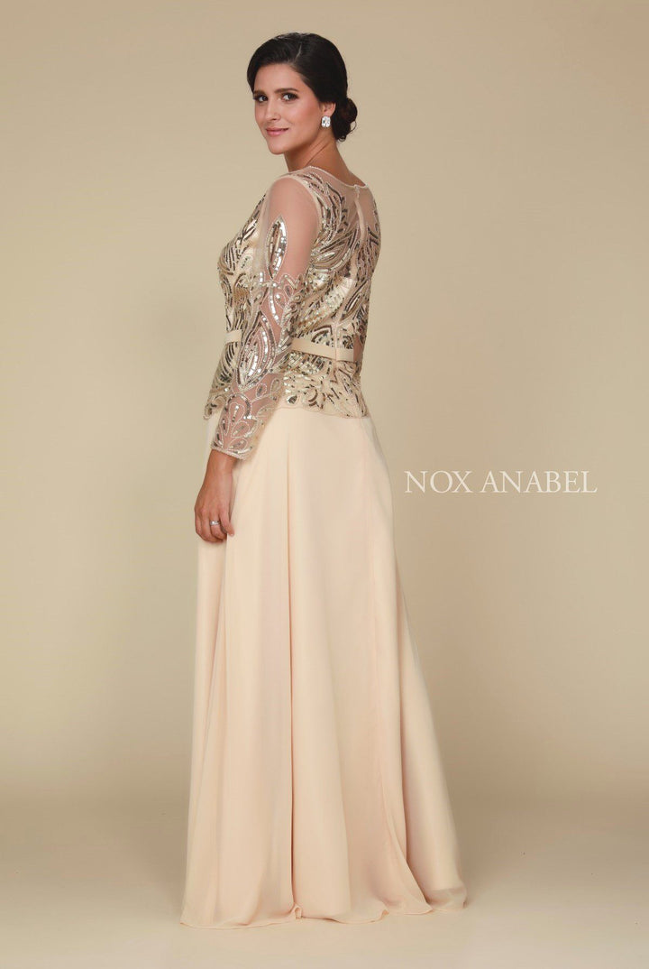 Long-Sleeved Gown with Sequned Bodice by Nox Anabel Q506-Long Formal Dresses-ABC Fashion