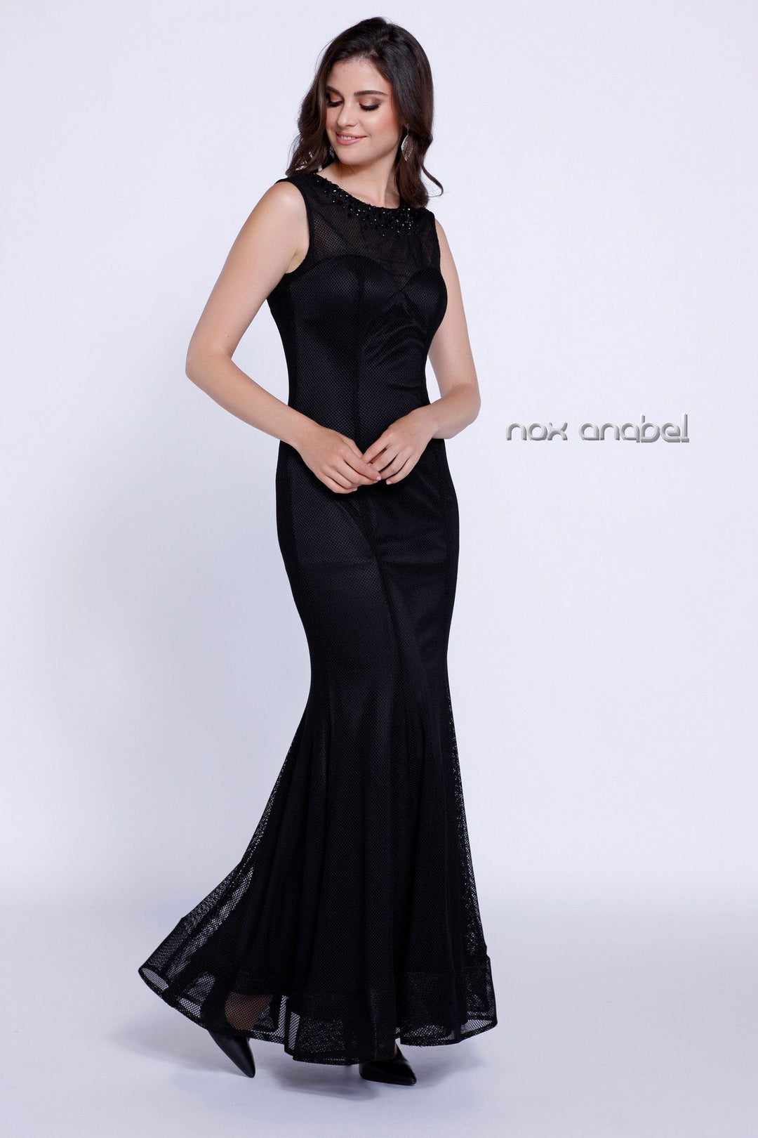 Long Sleeveless Beaded Mesh Dress by Nox Anabel 8259-Long Formal Dresses-ABC Fashion