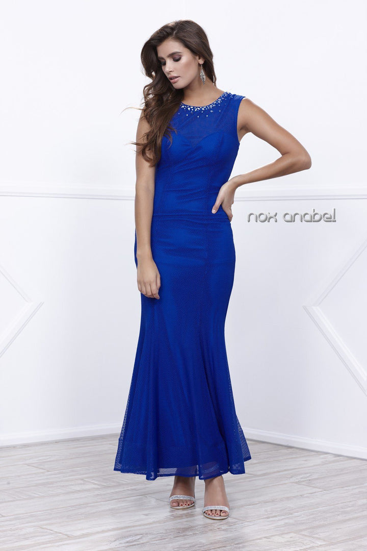 Long Sleeveless Beaded Mesh Dress by Nox Anabel 8259-Long Formal Dresses-ABC Fashion