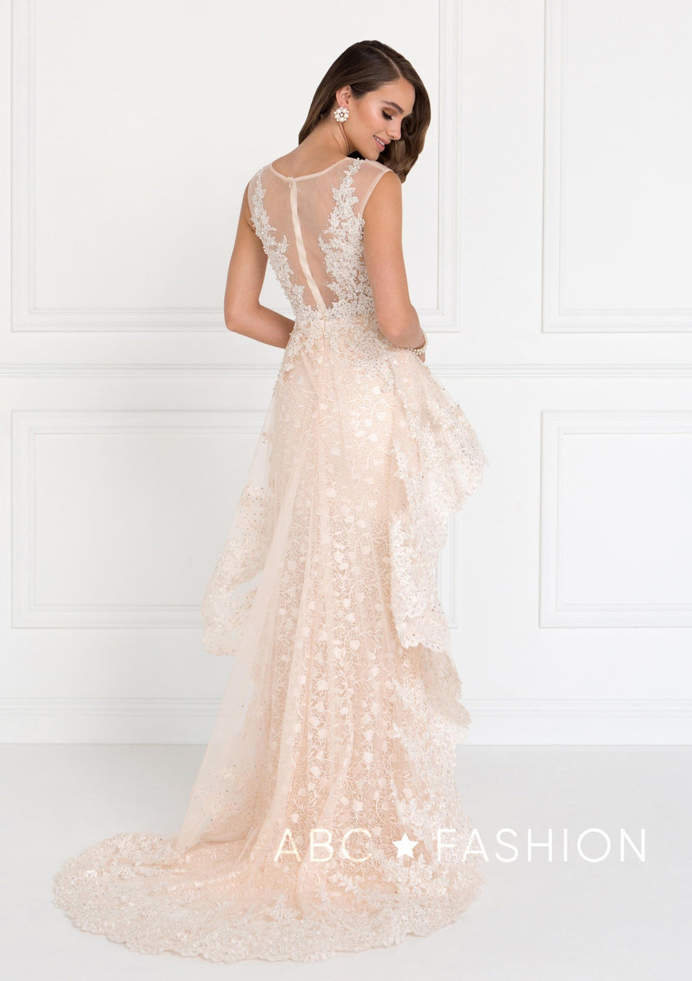 Long Sleeveless Champagne Lace Dress by Elizabeth K GL1584-Long Formal Dresses-ABC Fashion