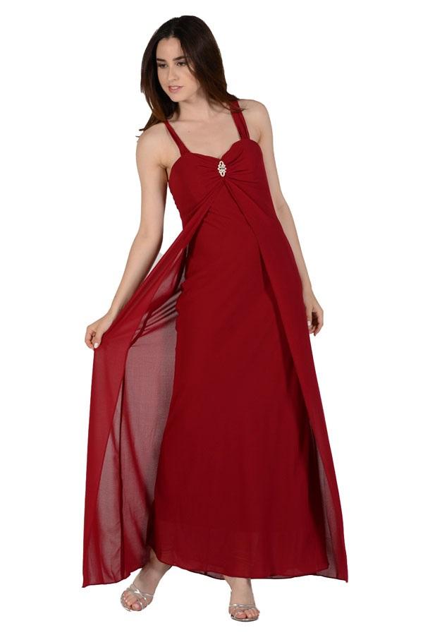 Long Sleeveless Chiffon Dress with Brooch by Poly USA 7000 M / Burgundy