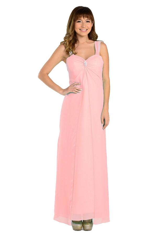 Long Sleeveless Chiffon Dress with Brooch by Poly USA-Long Formal Dresses-ABC Fashion