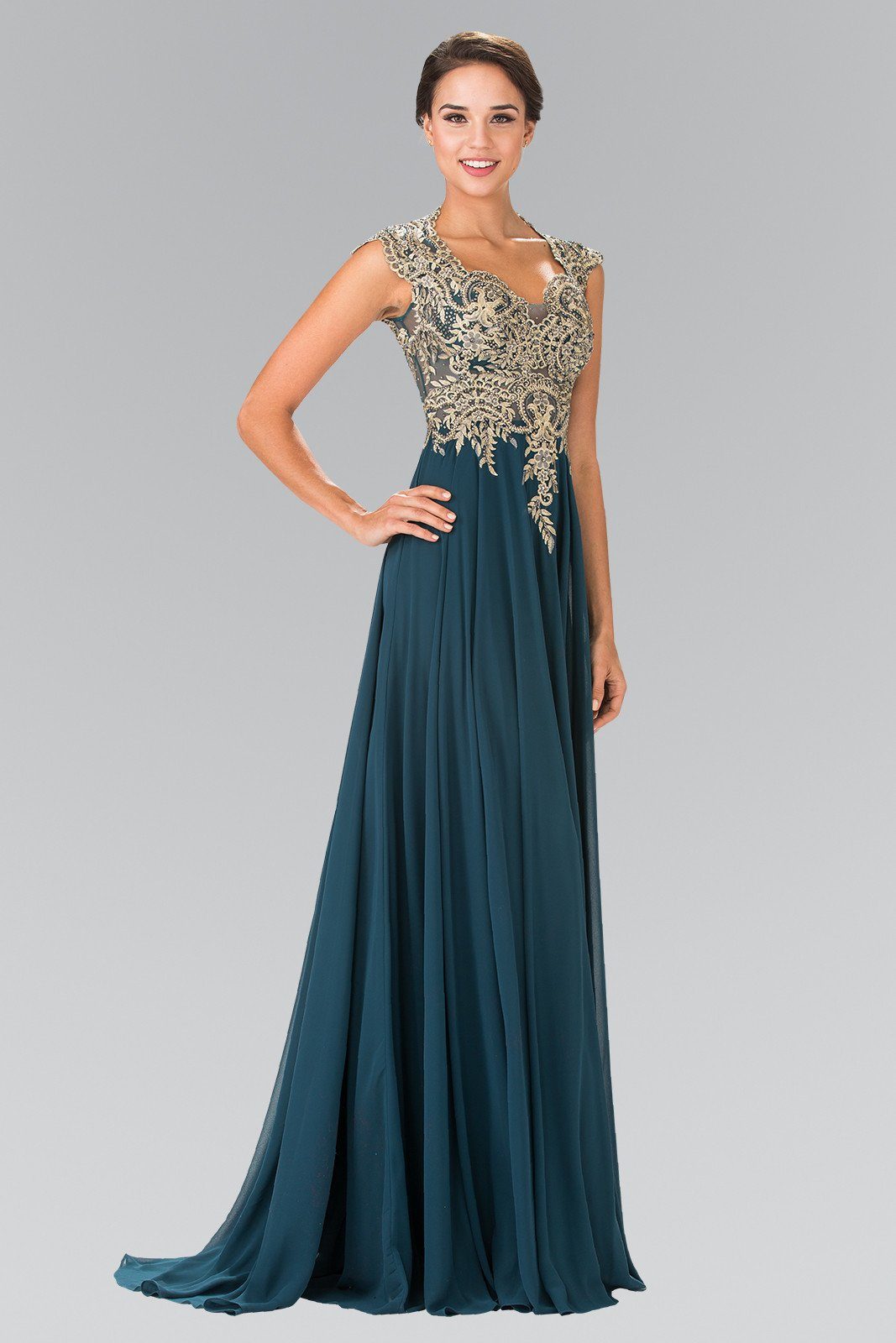 Long Sleeveless Dress with Gold Applique by Elizabeth K GL2229 Long Sleeveless Dress with Gold Applique by Elizabeth K GL2229