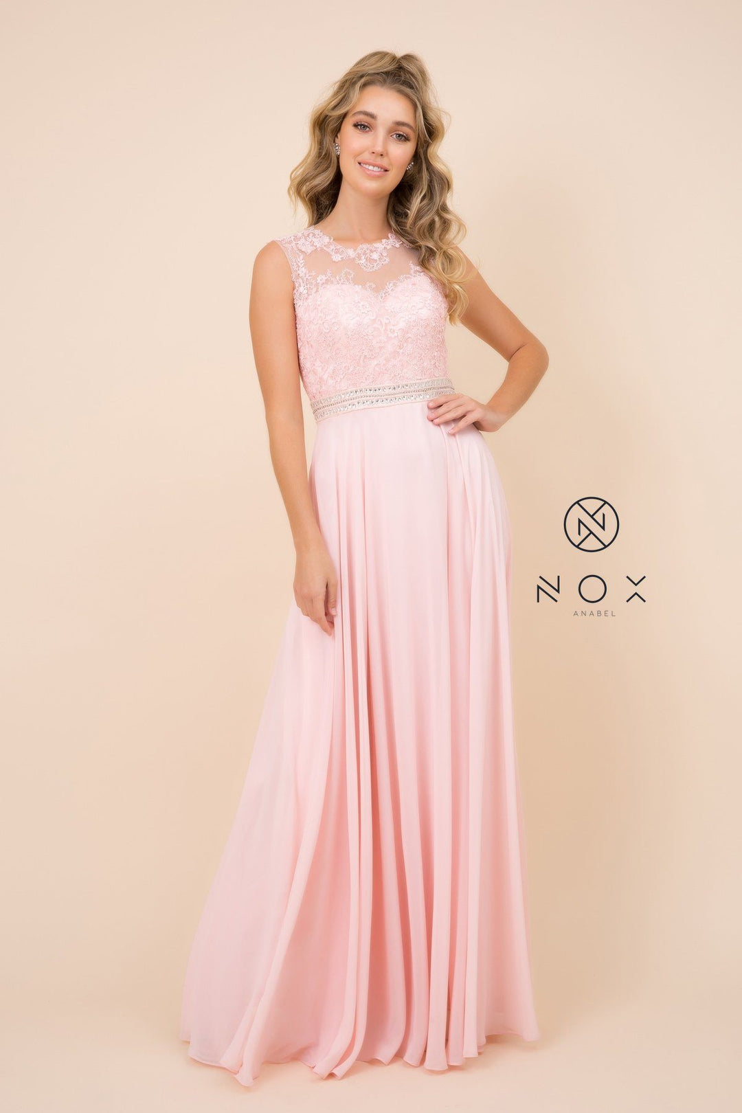 Long Sleeveless Dress with Lace Bodice by Nox Anabel Y101