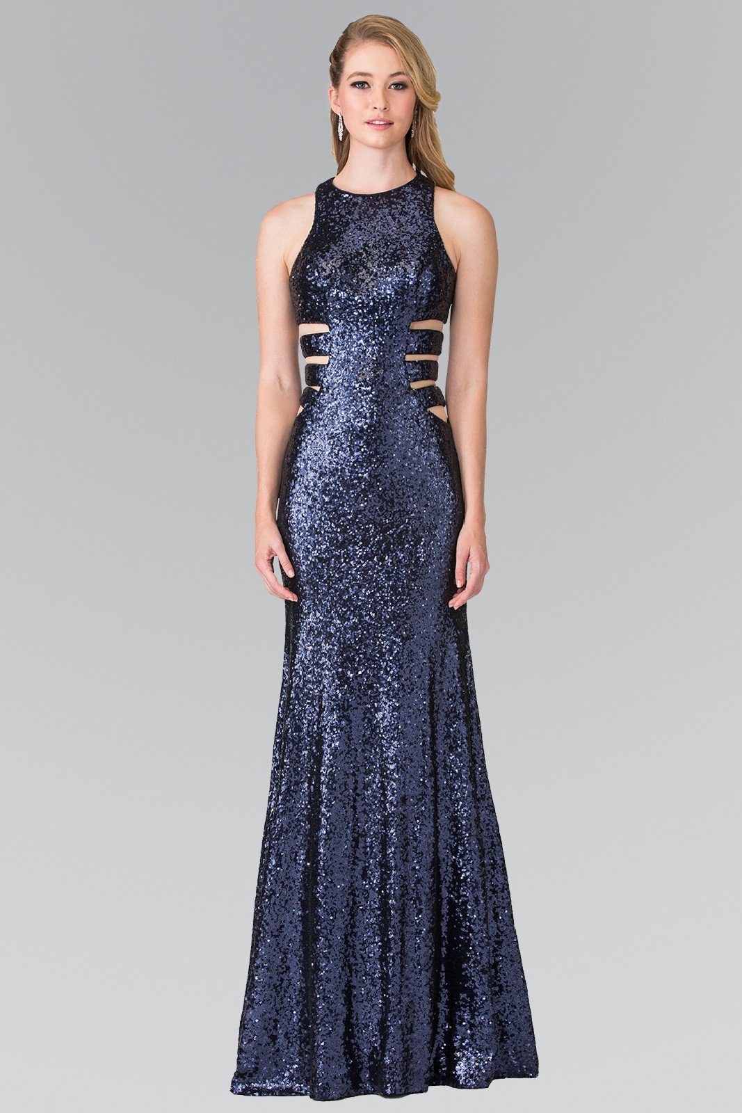 Long Sleeveless Sequined Dress with Cutouts by Elizabeth K GL2299 L / Navy Blue Long Sleeveless Sequined Dress with Cutouts by Elizabeth K GL2299 L / Navy Blue