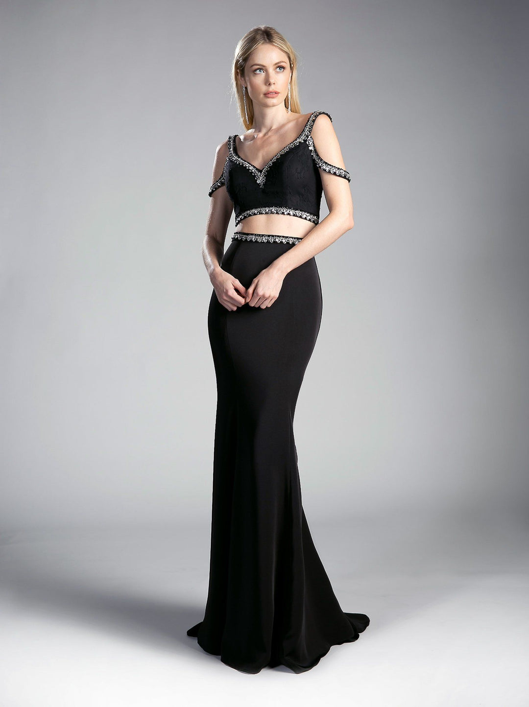 Long Two-Piece Dress with Cold Shoulder Top by Cinderella Divine 13114A-Long Formal Dresses-ABC Fashion