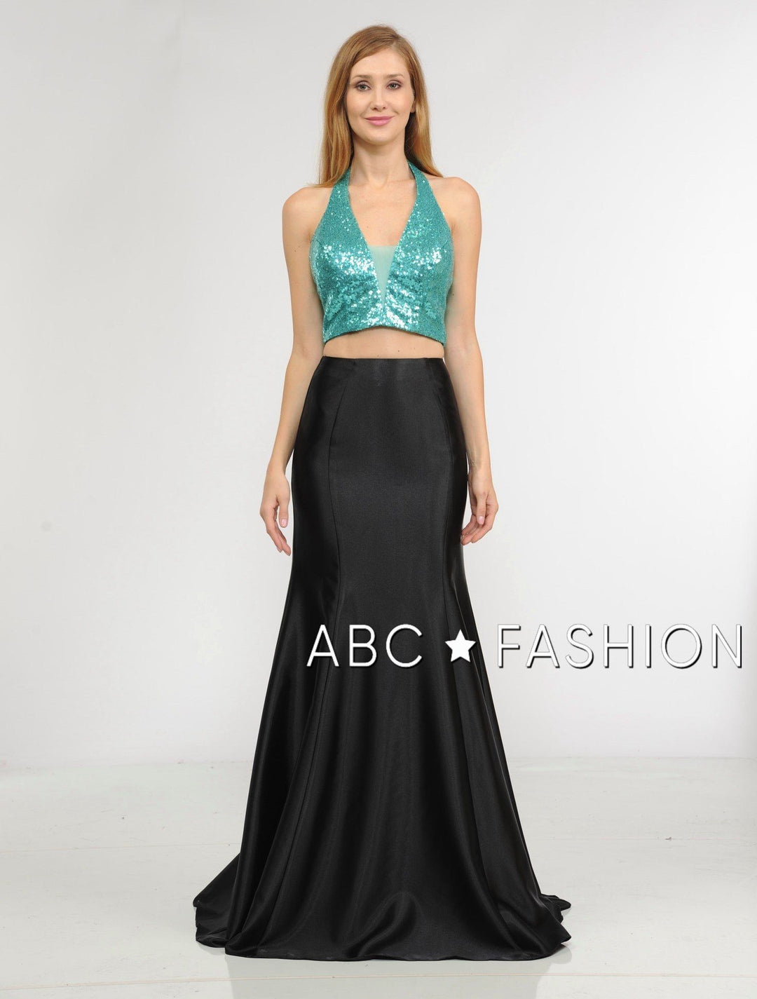 Long Two-Piece Dress with Sequin Crop Top by Poly USA 8294-Long Formal Dresses-ABC Fashion