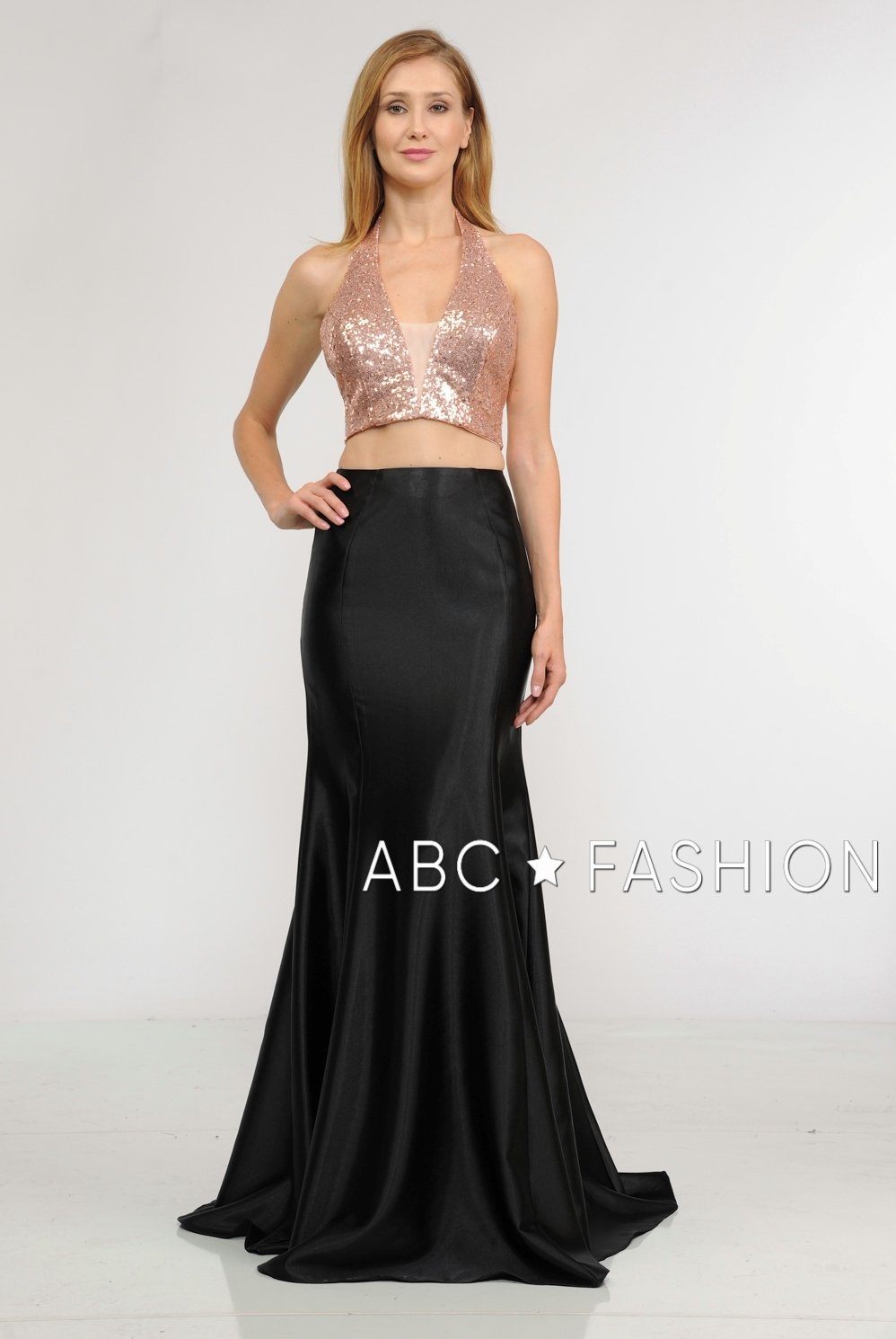 Long Two-Piece Dress with Sequin Crop Top by Poly USA 8294-Long Formal Dresses-ABC Fashion