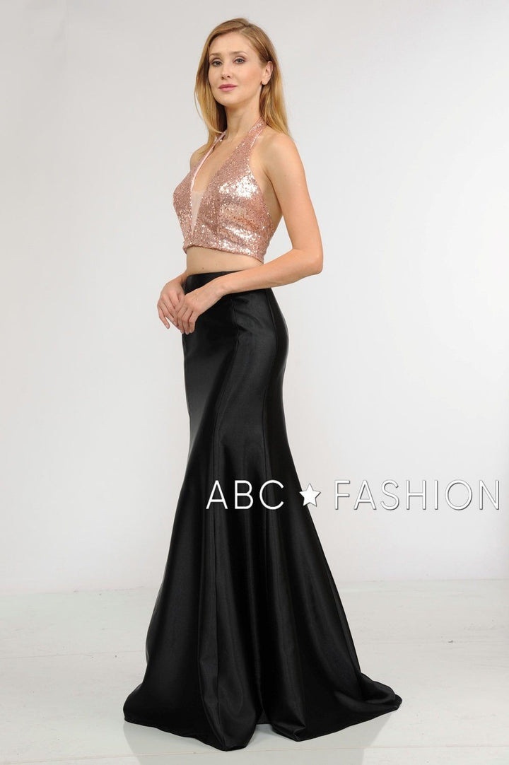 Long Two-Piece Dress with Sequin Crop Top by Poly USA 8294-Long Formal Dresses-ABC Fashion