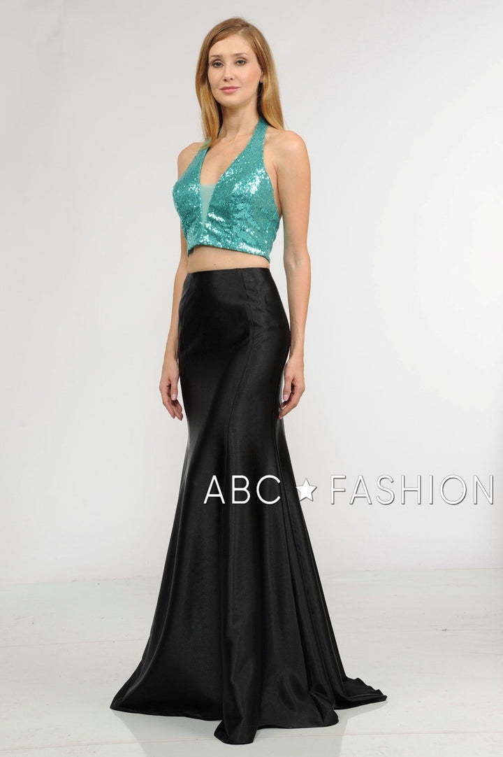 Long Two-Piece Dress with Sequin Crop Top by Poly USA 8294-Long Formal Dresses-ABC Fashion