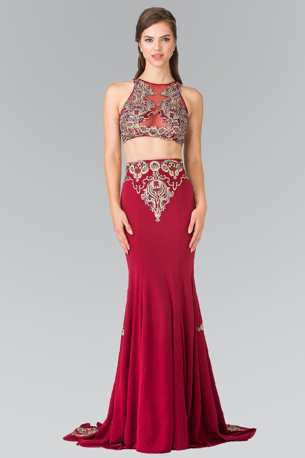 Long Two-Piece Embroidered Illusion Dress by Elizabeth K GL2296 M / Burgundy Long Two-Piece Embroidered Illusion Dress by Elizabeth K GL2296 M / Burgundy
