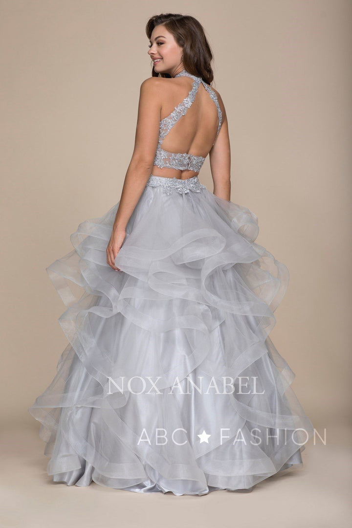 Long Two-Piece Ruffled Dress with Lace Top by Nox Anabel A063-Long Formal Dresses-ABC Fashion