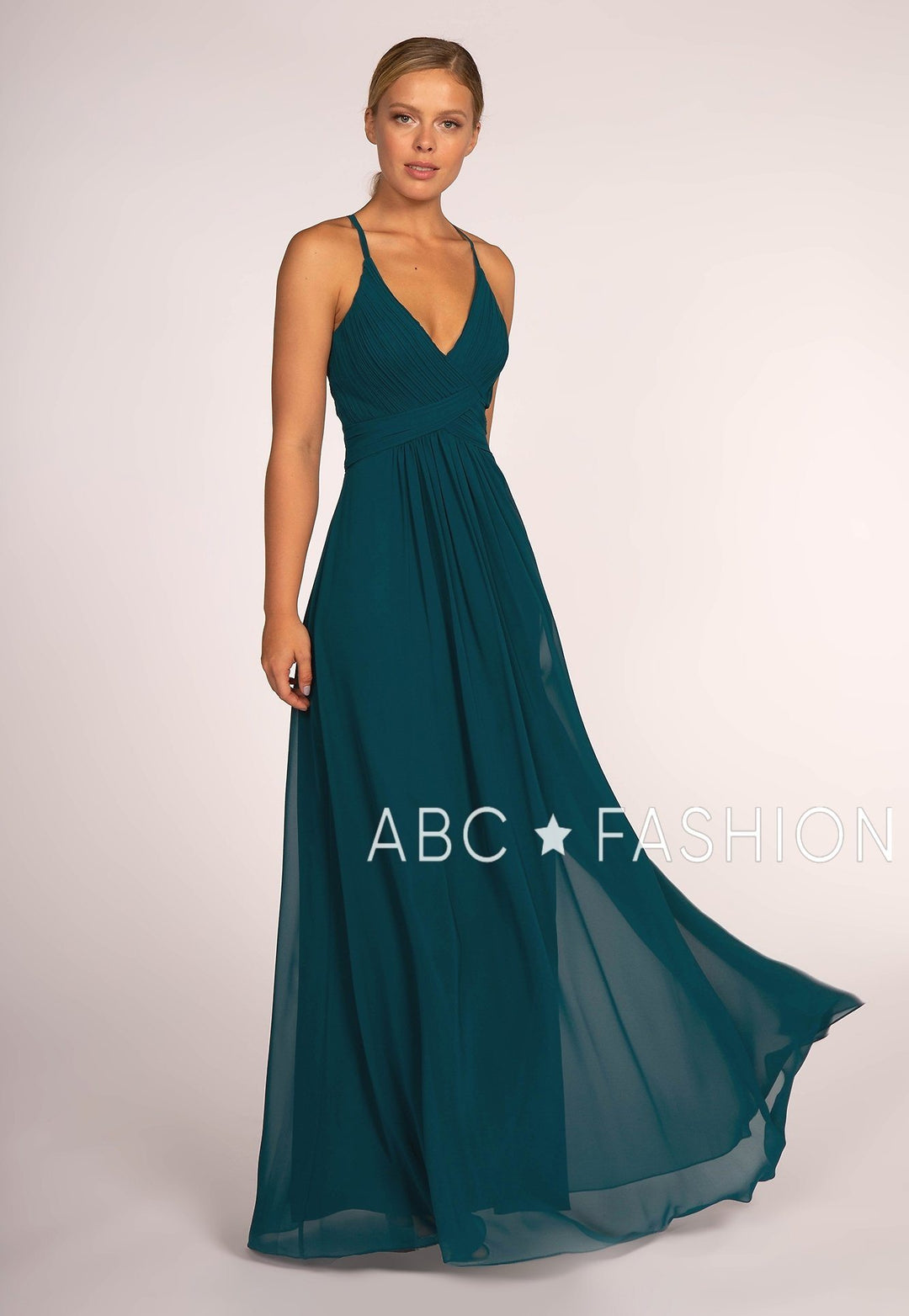 Long V-Neck Chiffon Dress with Pleated Bodice by Elizabeth K GL2609-Long Formal Dresses-ABC Fashion