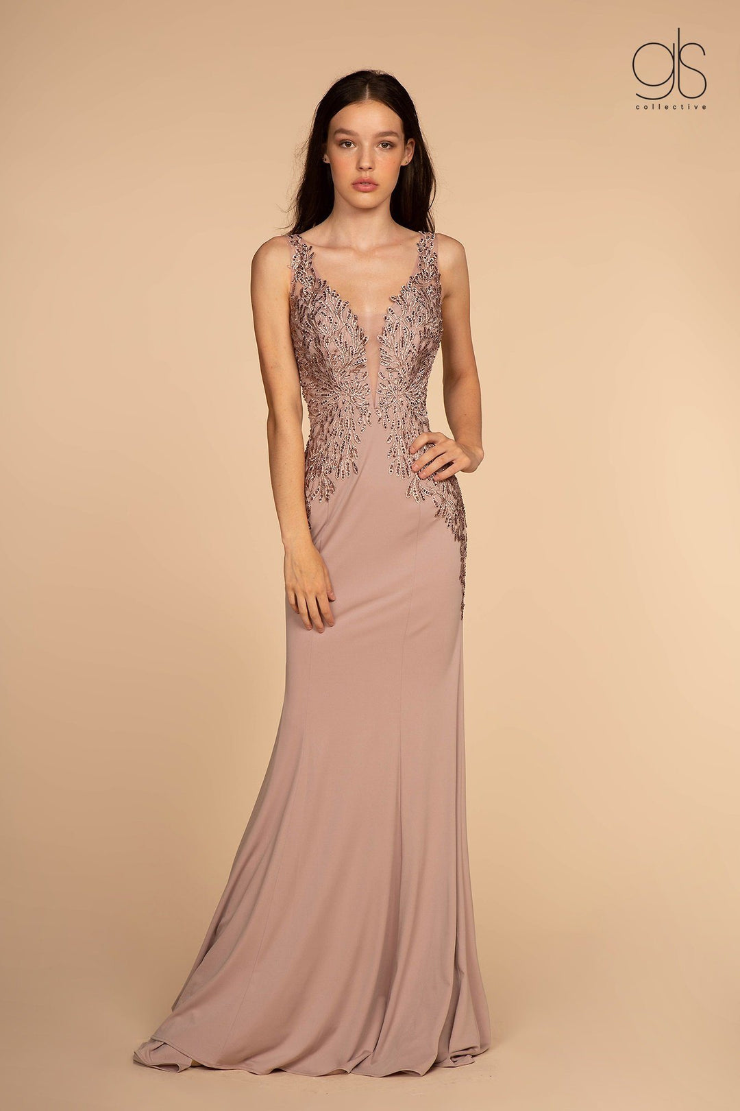 Long V-Neck Dress with Embroidered Bodice by Elizabeth K GL2614-Long Formal Dresses-ABC Fashion