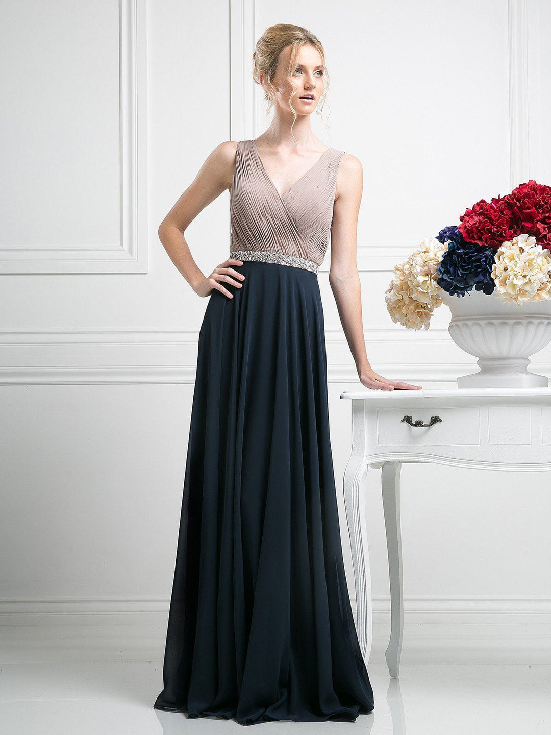 Long V-Neck Dress with Pleated Top by Cinderella Divine 1968-Long Formal Dresses-ABC Fashion