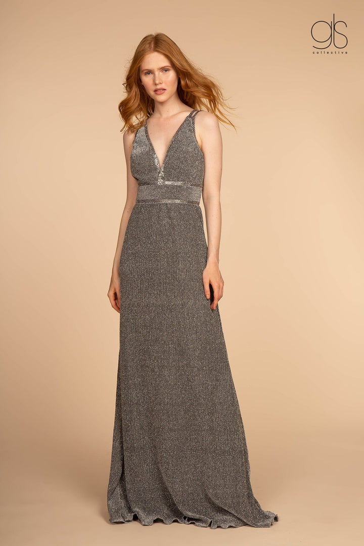 Long V-Neck Glitter Dress with Beaded Waistbands by Elizabeth K GL2503-Long Formal Dresses-ABC Fashion