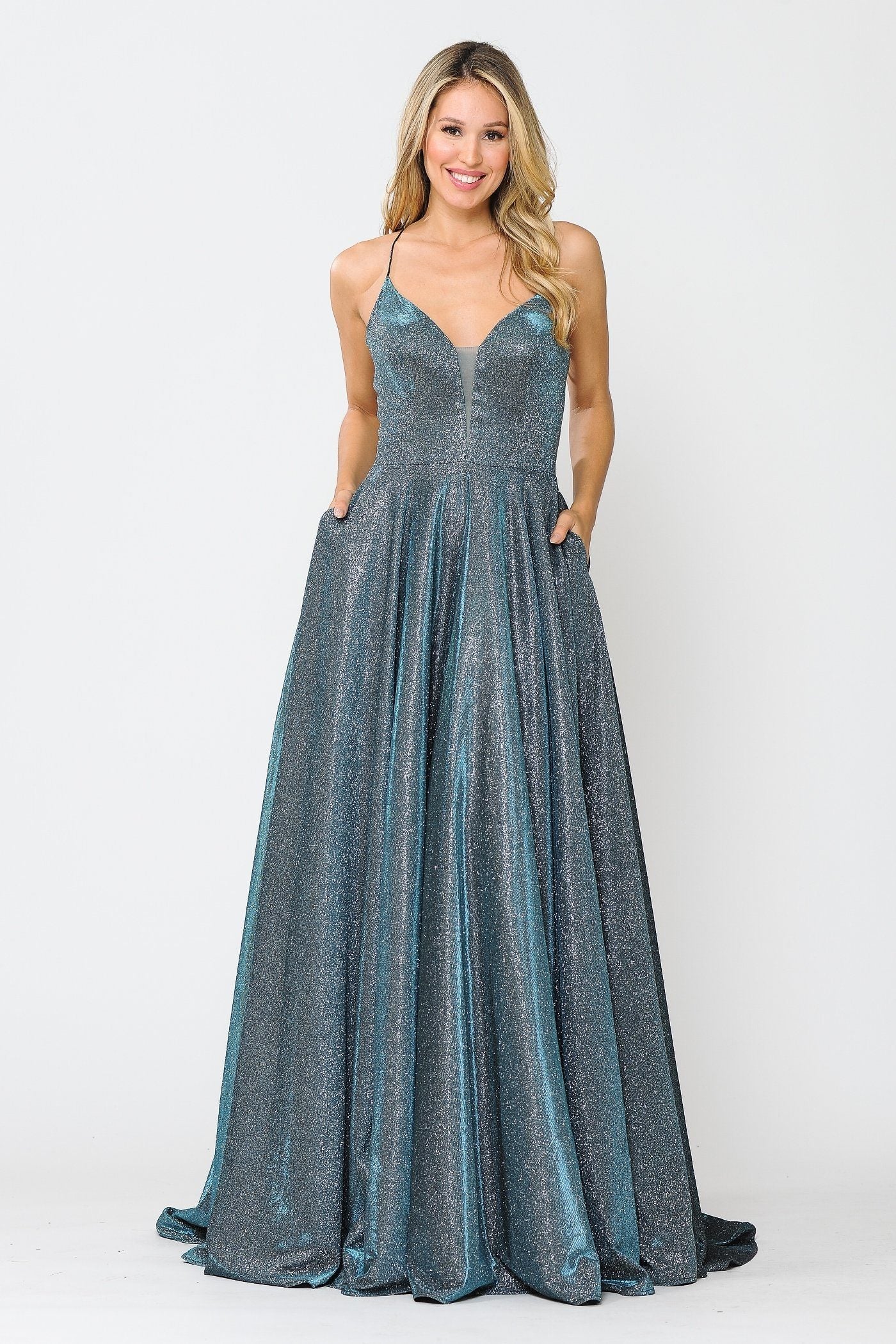 Poly USA 8556 Long V-Neck Glitter Dress with Corset Back | FormalDressShops Teal / M Poly USA 8556 Long V-Neck Glitter Dress with Corset Back | FormalDressShops Teal / M