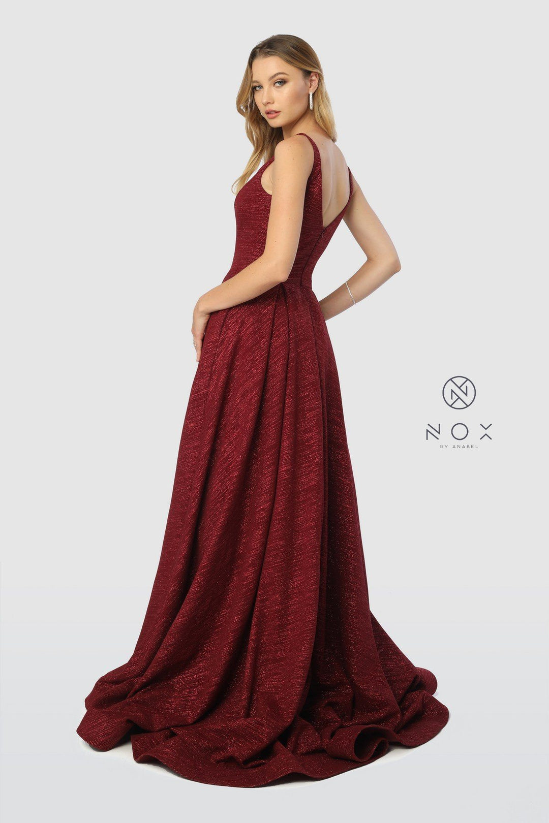 Long V-Neck Glitter Dress with Pleated A-line Skirt by Nox Anabel R218-Long Formal Dresses-ABC Fashion