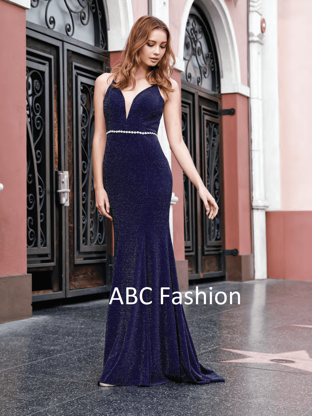 Long V-Neck Glitter Dress with Strappy Back by Nox Anabel N160-Long Formal Dresses-ABC Fashion