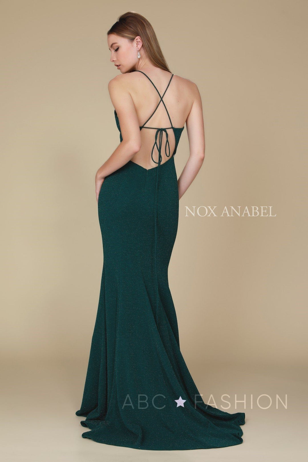 Long V-Neck Glitter Dress with Strappy Back by Nox Anabel N160-Long Formal Dresses-ABC Fashion