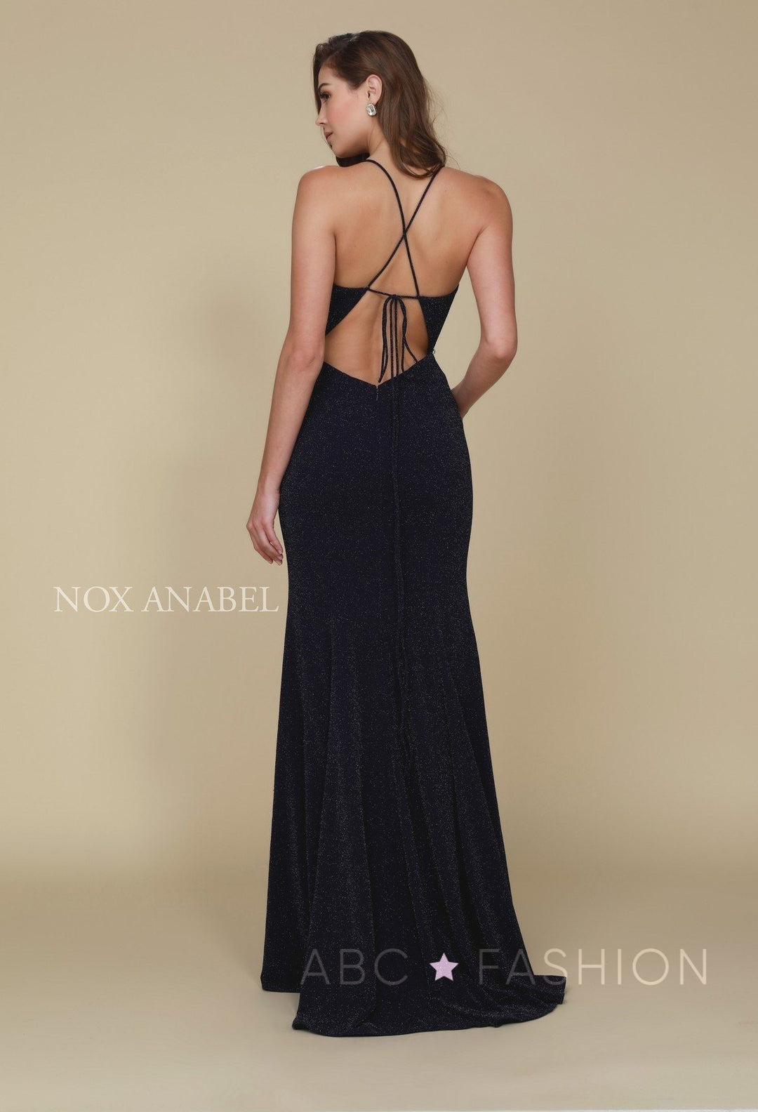 Long V-Neck Glitter Dress with Strappy Back by Nox Anabel N160-Long Formal Dresses-ABC Fashion