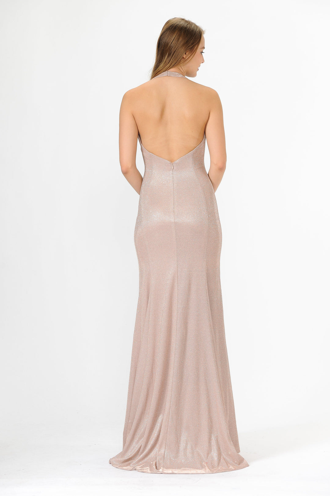 Long V-Neck Glitter Halter Dress with Open Back by Poly USA 8384-Long Formal Dresses-ABC Fashion