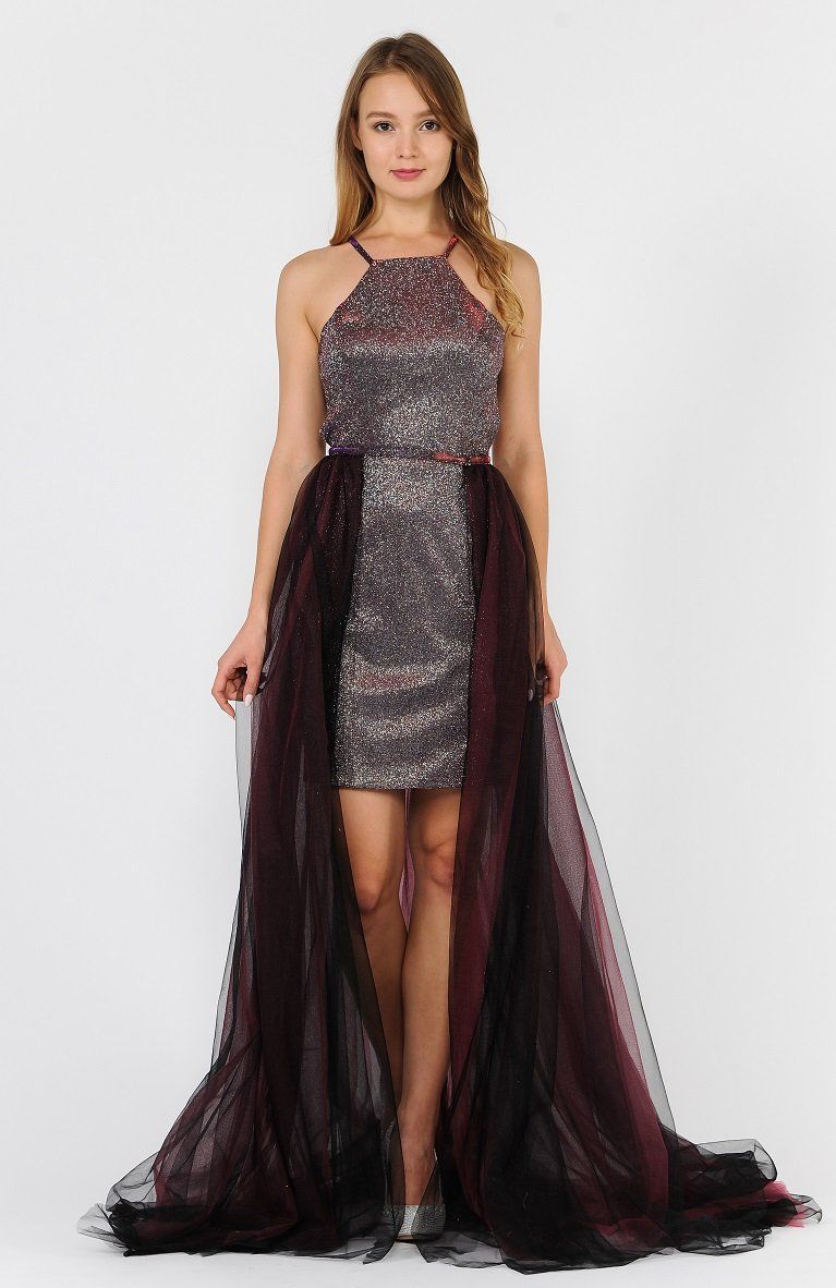Long V-Neck Glitter Halter Dress with Open Back by Poly USA 8384-Long Formal Dresses-ABC Fashion