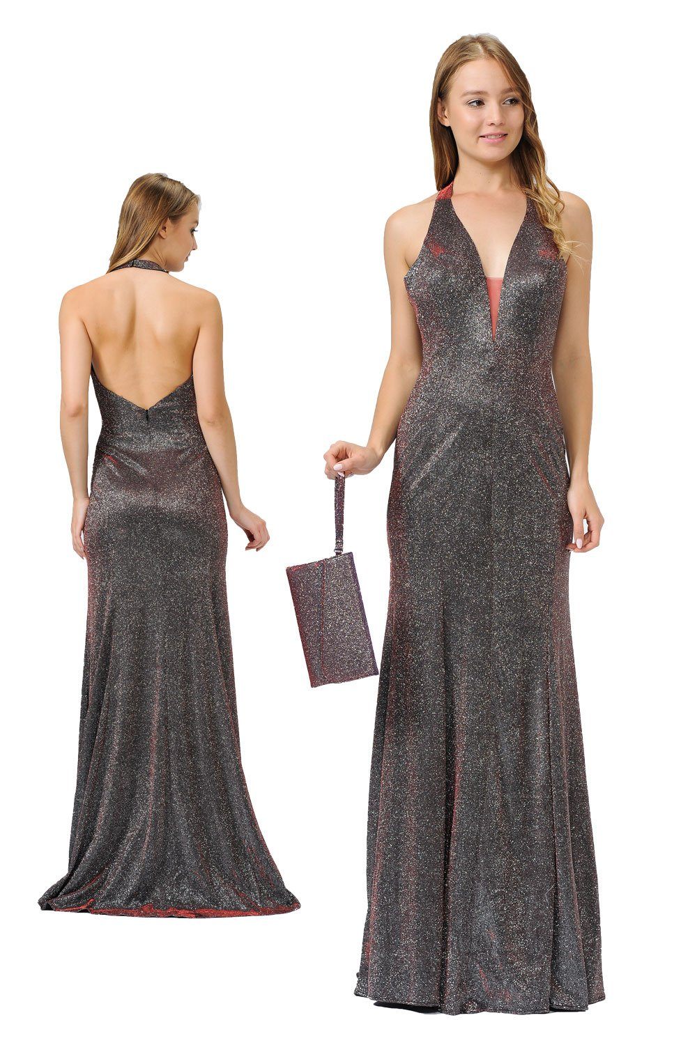 Long V-Neck Glitter Halter Dress with Open Back by Poly USA 8384-Long Formal Dresses-ABC Fashion