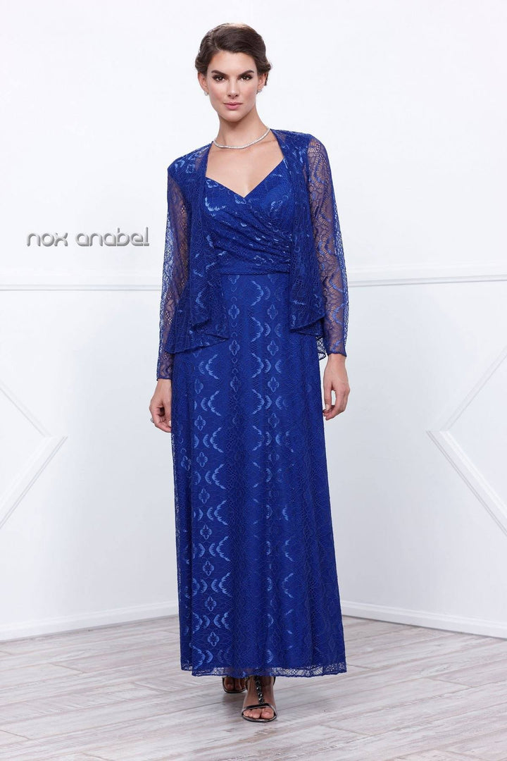 Long V Neck Lace Dress with Jacket by Nox Anabel 5140-Long Formal Dresses-ABC Fashion