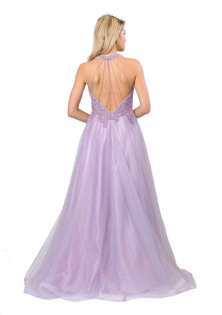 Long V-Neck Mesh Dress with Beaded Bodice by Poly USA 8412-Long Formal Dresses-ABC Fashion