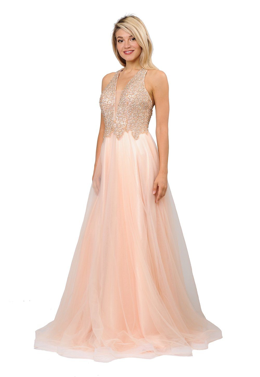 Long V-Neck Mesh Dress with Beaded Bodice by Poly USA 8412 M / Champagne/Blush Long V-Neck Mesh Dress with Beaded Bodice by Poly USA 8412 M / Champagne/Blush