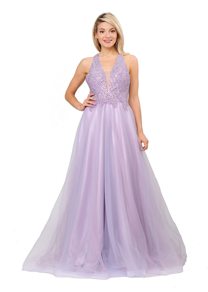 Long V-Neck Mesh Dress with Beaded Bodice by Poly USA 8412-Long Formal Dresses-ABC Fashion