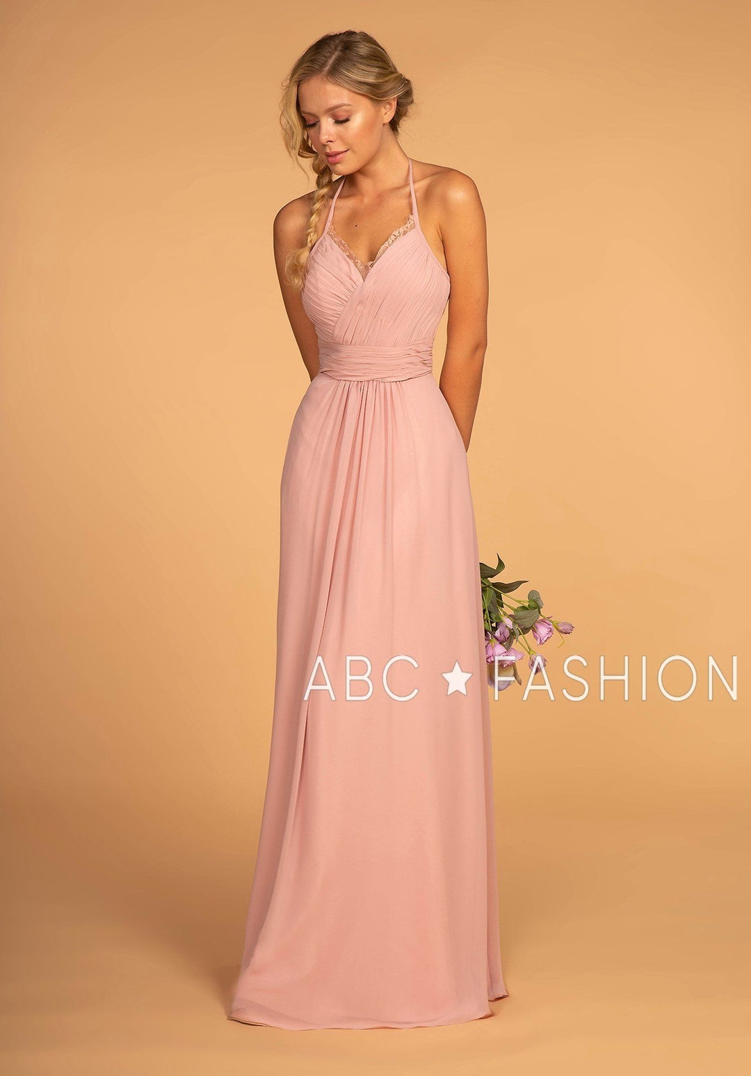 Long V-Neck Pleated Dress with Lace Details by Elizabeth K GL2606-Long Formal Dresses-ABC Fashion