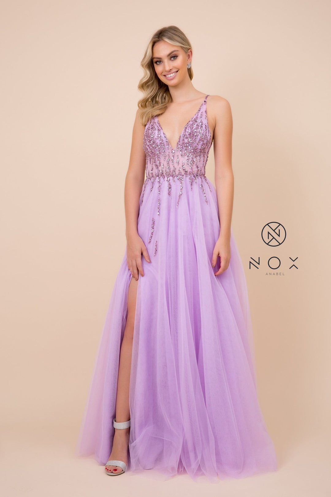 Long V-Neck Tulle Dress with Beaded Bodice by Nox Anabel J324