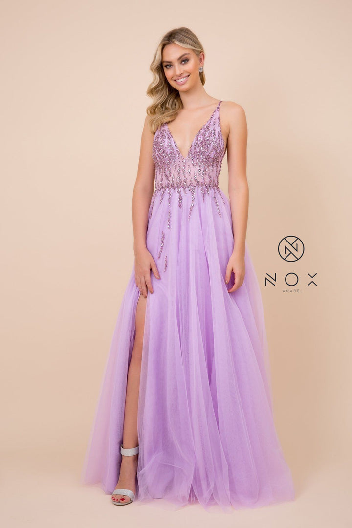 Long V-Neck Tulle Dress with Beaded Bodice by Nox Anabel J324