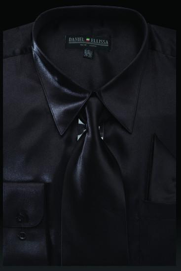 Men's Black Satin Dress Shirt with Tie Handkerchief – ABC Fashion