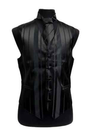 Men's Black Striped Vest with Neck Tie and Bow Tie S / Black