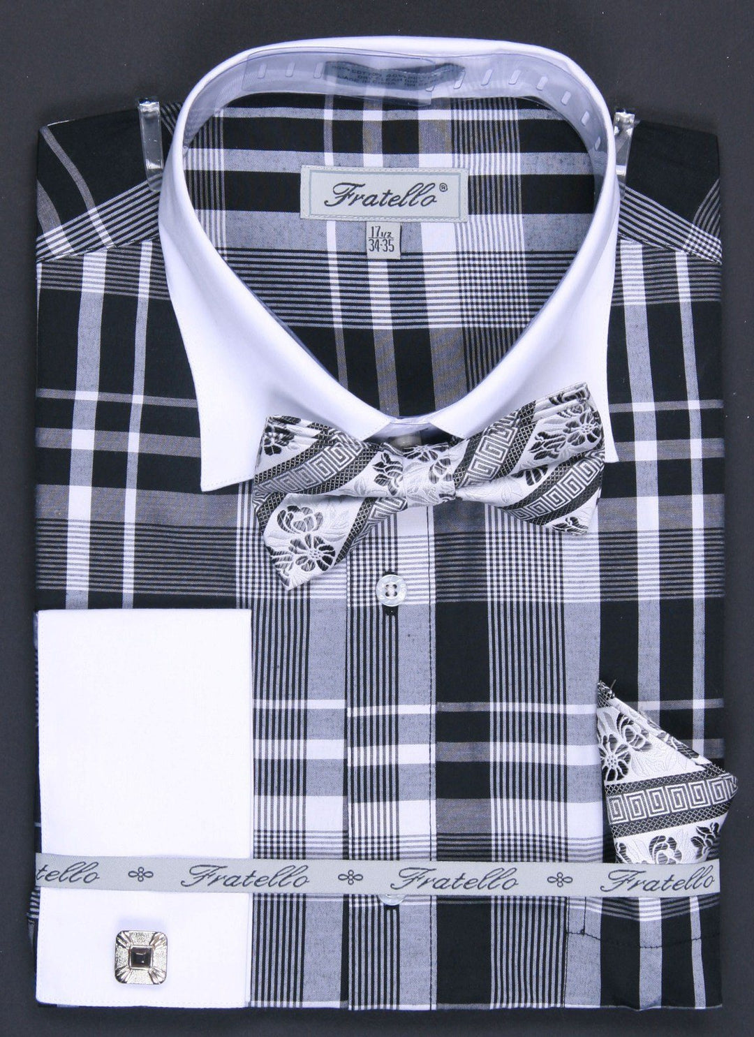 Men's Black/White Plaid Dress Shirts with Bow Tie, Hanky, Cuff Links-Men's Dress Shirts-ABC Fashion