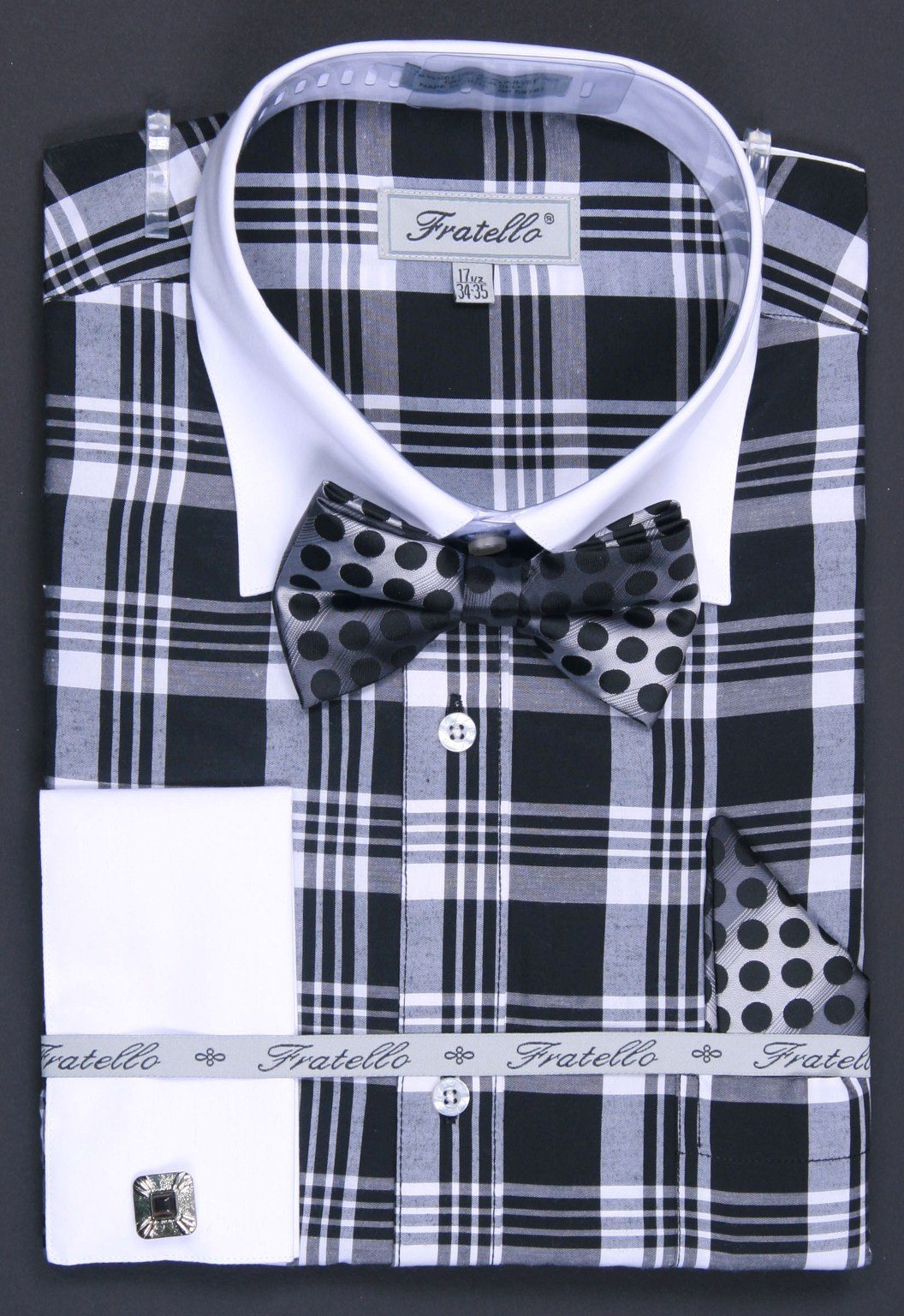 Men's Black/White Plaid Dress Shirts with Bow Tie, Hanky, Cuff Links-Men's Dress Shirts-ABC Fashion