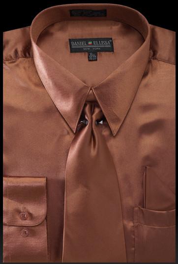 Men's Brown Satin Dress Shirt with Tie & Handkerchief 15.5 34/35 / Brown Copper Men's Brown Satin Dress Shirt with Tie & Handkerchief 15.5 34/35 / Brown Copper