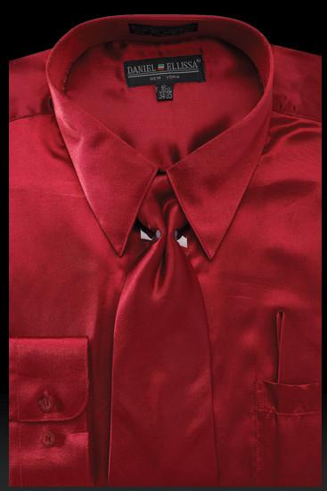 Men's Regular Fit Shiny Satin Dress Shirt, Tie & Pocket Square Set in Burgundy 15 34/35 / Burgundy Men's Regular Fit Shiny Satin Dress Shirt, Tie & Pocket Square Set in Burgundy 15 34/35 / Burgundy