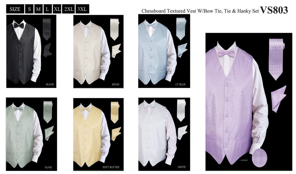 Men's Checkered Vest with Tie, Bow Tie, Pocket Square-Men's Vests-ABC Fashion