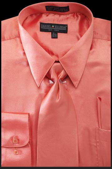 Men's Coral Satin Dress Shirt with Tie & Handkerchief 16.5 34/35 / Coral Men's Coral Satin Dress Shirt with Tie & Handkerchief 16.5 34/35 / Coral