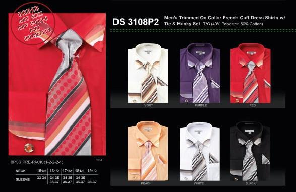 french cuff dress shirt and tie set Men's French Cuff Dress Shirt w/ Polka Dot Contrast Collar & Tie Hanky Set #630 (15
