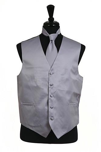 Men's Gray Satin Vest with Neck Tie-Men's Vests-ABC Fashion