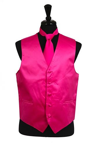 Men's Hot Pink Satin Vest with Neck Tie-Men's Vests-ABC Fashion