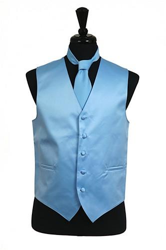Men's Light Blue Satin Vest with Neck Tie-Men's Vests-ABC Fashion