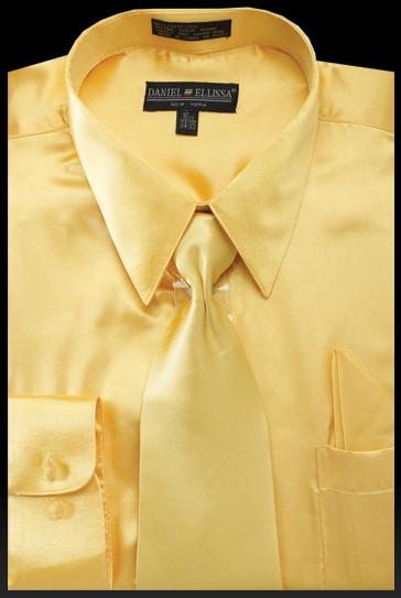 Men's Light Gold Satin Dress Shirt with Tie & Handkerchief 20.5 35/36 / Gold Men's Light Gold Satin Dress Shirt with Tie & Handkerchief 20.5 35/36 / Gold