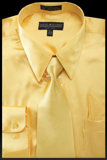 Men's Light Gold Satin Dress Shirt with Tie & Handkerchief-Men's Dress Shirts-ABC Fashion